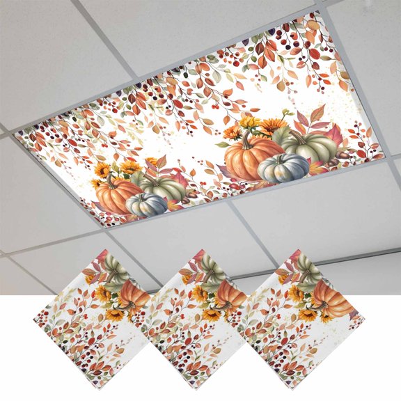 Vintage Pumpkins Fall Fluorescent Light Covers, Thanksgiving Eucalyptus Leaves Falling Magnetic Light Covers for Ceiling Lights, Fluorescent Ceiling Shade for Classroom Bedroom Office 4x2Ft x 3PCS