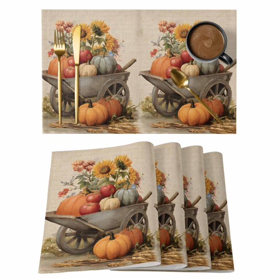 Vintage Pumpkins Fall Placemats Set of 8, Cotton Linen Fabric Place Mats, Thanksgiving Floral Oil Painting Washable Decorative Table Mats Protector for Home Kitchen Dining Wedding Party Coffee Tables