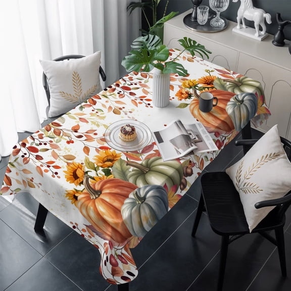 Vintage Pumpkins Fall Table Cloth Waterproof Tablecloths, Thanksgiving Eucalyptus Leaves Falling Tablecloth Dining Table Cover for Kitchen Party Tabletop Outdoor, Rectangle Tablecloth 60x120 Inch