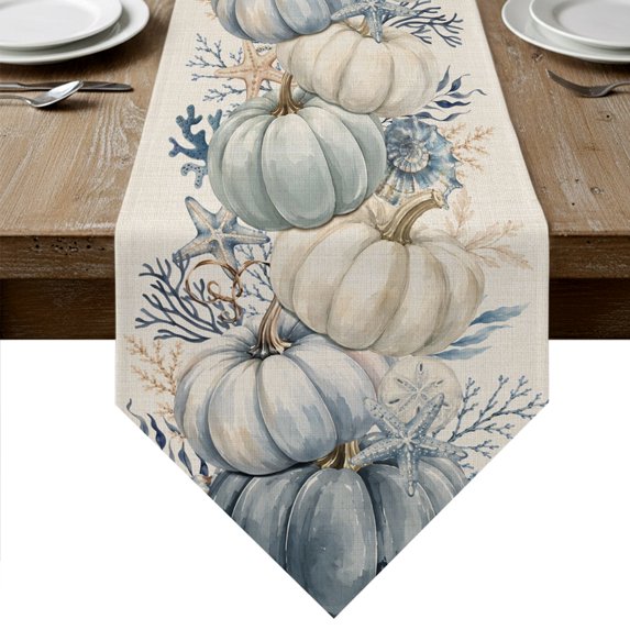 Vintage Pumpkins Fall Table Runner Linen Burlap Table Runner 70 Inches Long Thanksgiving Coastal Botanical Rustic Dresser Scarves for Kitchen Island Coffee Dining Room Party Holiday 13"x70"