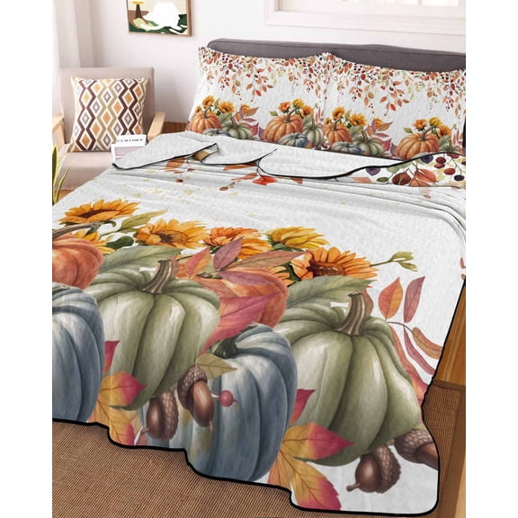 Vintage Pumpkins Fall Twin Size Down Alternative Comforter, Lightweight Comforter Quilt Bedding Set with Pillow Shams Thanksgiving Eucalyptus Leaves Falling Bed Comforter Duvet Insert 68"x86"