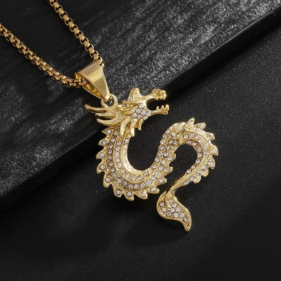 Vintage Punk Dragon Shaped 14K Yellow Gold Pendant Necklace for Women Men Gothic Animals Pendant Clavicle Chain Necklaces Aesthetic Jewelry