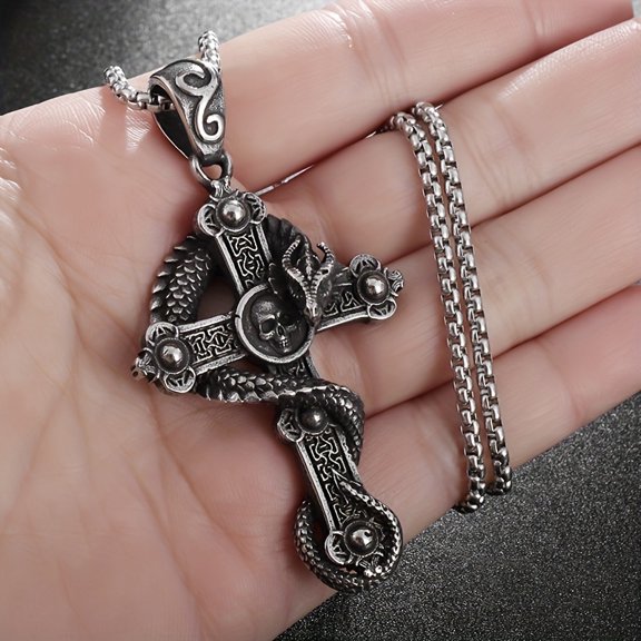 Vintage Punk Dragon Wrap Cross Pendant Necklace for Men - Intricate Dragon & Cross Design, High-Quality Metal, Bold Statement Jewelry for Daily Wear & Special Occasions, Year-Round Edgy Gift