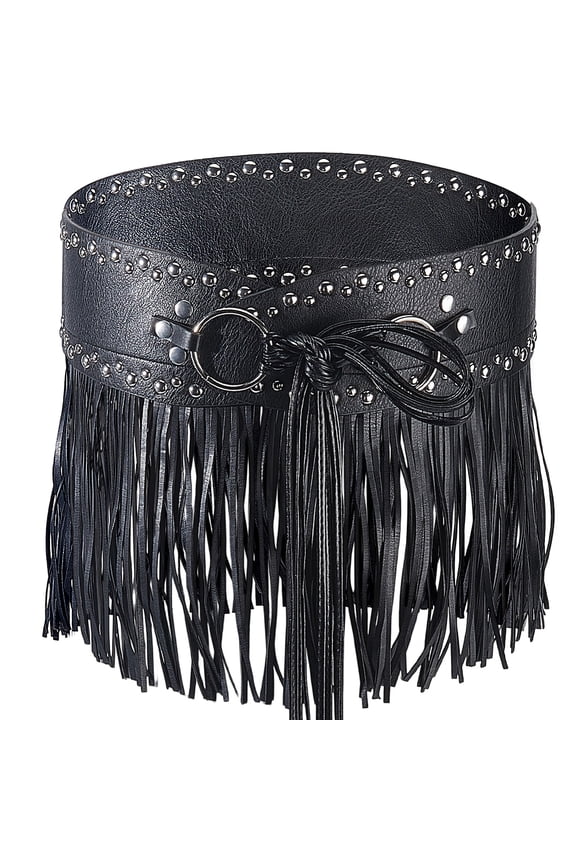 Vintage Punk Imitation Leather Fringe Dress Belt PU Leather Long Tassel Skirt Waist Belt Black Adjustable Women Jeans Boho Waistband Gothic