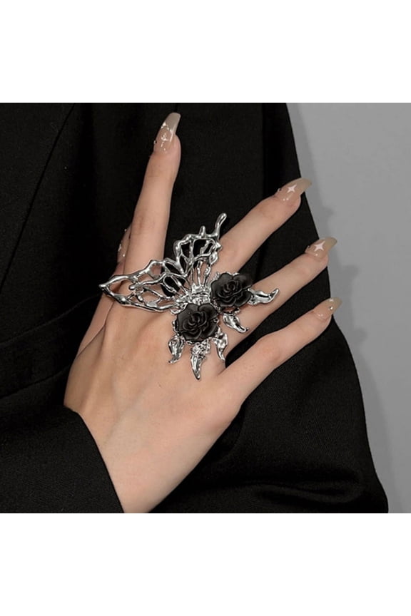 Vintage Punk Metal Black Rose Liquid Butterfly Opening Ring For Women Exaggerated Adjustable Animal Ring Aesthetic Jewelry Gift