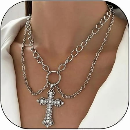 Vintage Punk Pearl Cross Necklace for Women Gothic Chunky Chain Cross Pendant Necklace