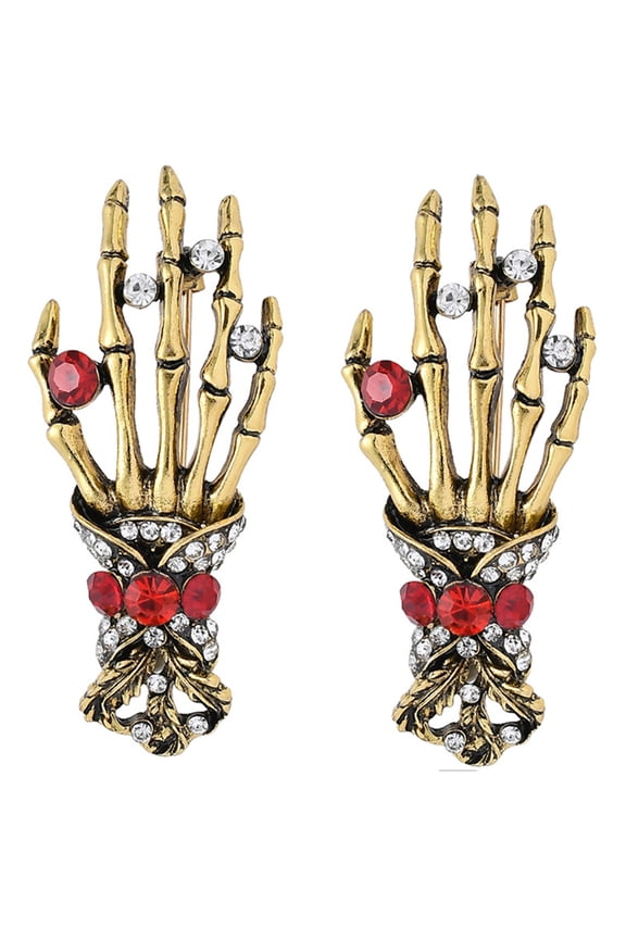 Vintage Punk Rhinestone Skeleton Hand Brooch Set  Gothic Hipster Lapel Pins 2PC