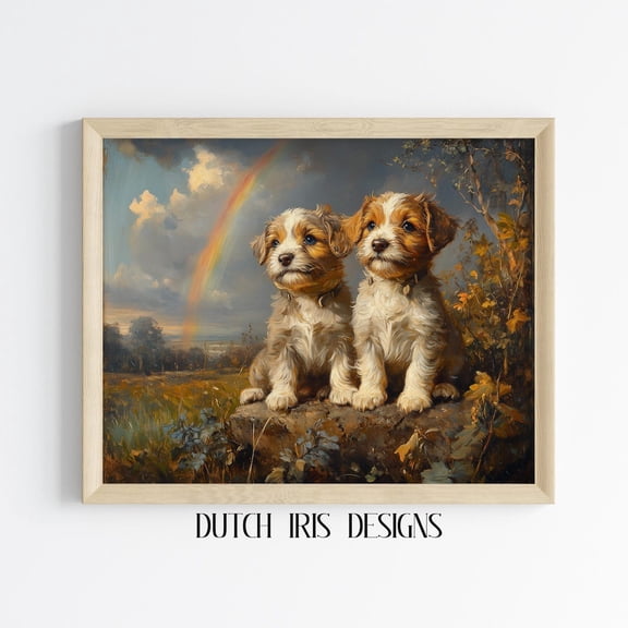 Vintage Puppy Portrait Art, Of Puppies, Rustic Wall Decor, Cute Dog Art Print, Cottagecore Animal Scene 184 Home Decor #1456, Unframed Canvas Size 8x12