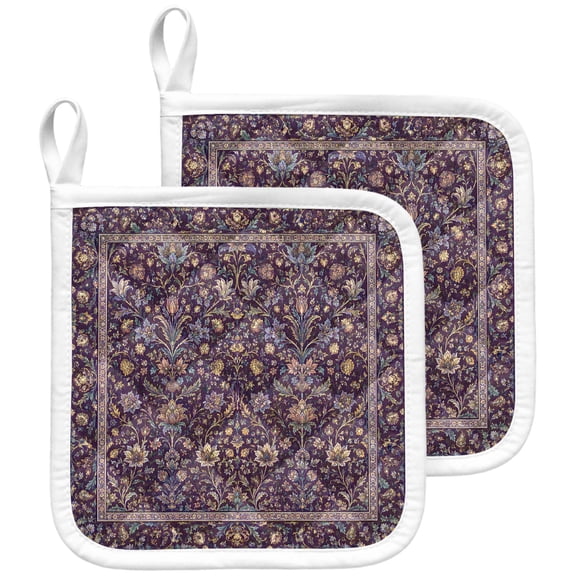 Vintage Purple Floral Boho Pot Holders for Kitchen Heat Insulation Potholder,Kitchen Pot Holders Sets Washable Oven Hot Pads Terry Cloth Trivet for Cooking Retro Ethnic Tribe Abstract Art 2 Pack