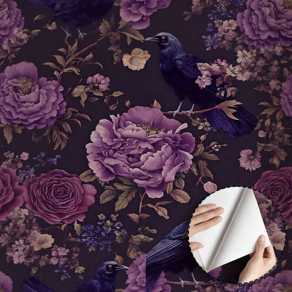 Vintage Purple Floral Crow Wallpaper, Gothic Style Peel and Stick Wallpaper, Waterproof Home Decor for Bedroom, Living Room, Bathroom, Kitchen Cabinet, Rental Property, 17.7 * 118 in