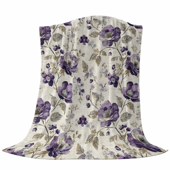Vintage Purple Floral Fleece Throw Blanket Watercolor Botanical Leaf Farmhouse Ultra Soft Fuzzy Cozy Flannel Throw Blanket for Couch Sofa Bed Car Travel, Ideal Gifts 50x60 Inches