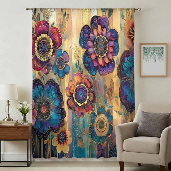 Vintage Purple Floral Sheer Curtains 45 Inches Long, Retro Flowers Ethnic Abstract Art Light Filering Curtains, Breathable Simi Curtain Privacy Drapes for Kitchen Bathroom Small Window Treatment