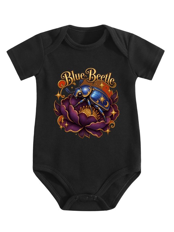 Vintage Purple Flower Blue Beetle Baby Bodysuit, 100% Cotton Short Sleeve Snap Romper, 0-12 Months