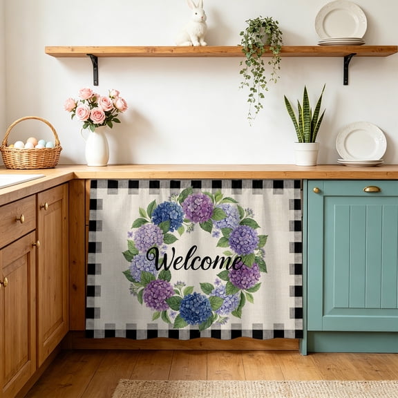 Vintage Purple Flower Cabinet Curtains 10" W x 11" L, Blue Hydrangea Green Leaf Welcome Striped Under-Desk Privacy Dust Proof Drape Dishwasher Curtain Sink Skirt for Kitchen Closet Bathroom Laundry