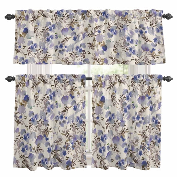 Vintage Purple Flower Kitchen Curtains Sets for Windows 36 Inch Length, Farmhouse Botanical Floral Retro Rod Pocket Window Treatments Tier Curtains and Valances Set for Bedroom/Bathroom