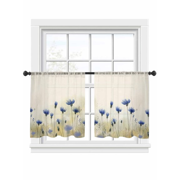 Vintage Purple Flower Sheer Curtains 2 Panels Set Watercolor White Flowers Fall Country Sheer Window Curtains Light Filtering Rod Pocket Voile Drapes for Bedroom Living Room 52"x45"