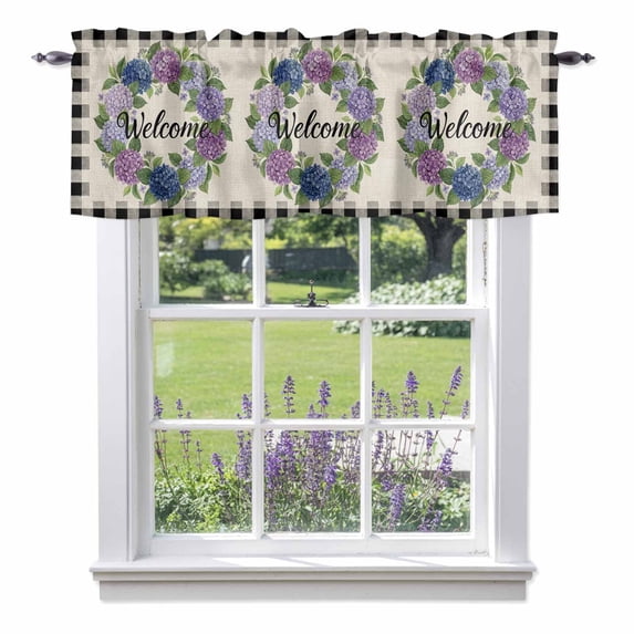 Vintage Purple Flower Valance Curtain Blue Hydrangea Green Leaf Welcome Striped Window Valances Rod Pocket Short Curtains Window Treatments for Kitchen Bedroom Bathroom Laundry 56" x 16"