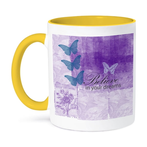 3dRose, Vintage Purple Inspired Butterflies and Botanical Believe in Your Dreams, 15oz Two-Tone Yellow Mug