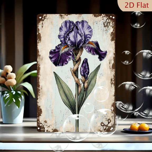 Vintage Purple Iris Flower Botanical Art 8x12 Inch Metal Wall Decor, Rustic Distressed Tin Sign with Weathered Cream Blue Background & Scroll Detail
