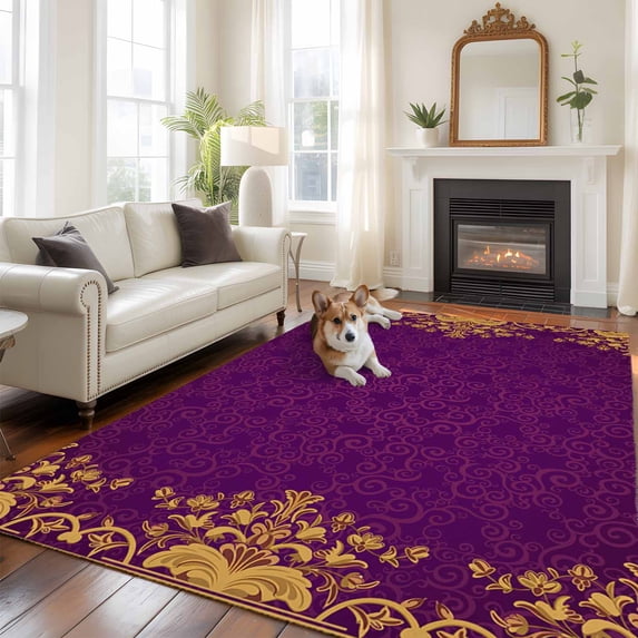 Vintage Purple Large Area Rugs 5x8 ft Yellow Flower Lace Baroque Ethnic Style Washable Rug Non Slip Indoor Carpet Absorbent Floor Mat for Living Room Bedroom Dining Room