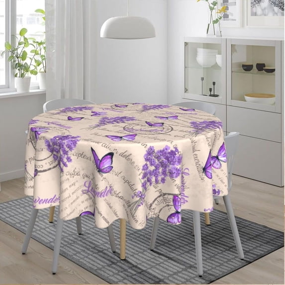 Vintage Purple Lavender Floral Butterfly Round Tablecloth 60 Inch, Decorative Holiday Home Party Table Cloth for Kitchen Dining Picnic Table Cover
