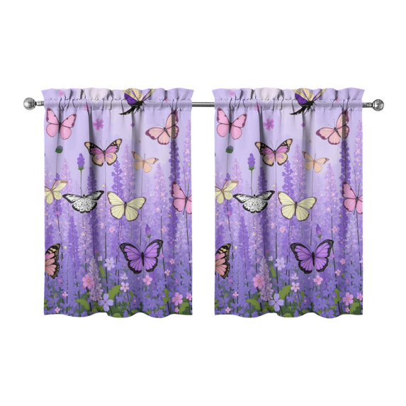 Vintage Purple Lavender Flower Butterflies Tier Kitchen Curtains for Bathroom Living Rod Pocket Window Drapes 28"x36" 2 Panels Window Treatment Tiers