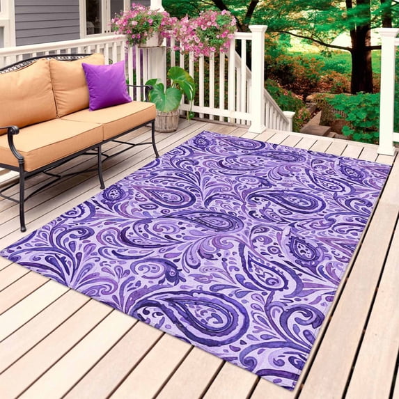Vintage Purple Outdoor Rug 5x8 Ft, Non Slip Washable Area Rug, Retro Botanical Abstract Art Patio Rugs Carpet Runner, Large Floor Mat for Indoor/Outdoor Deck Porch Camping