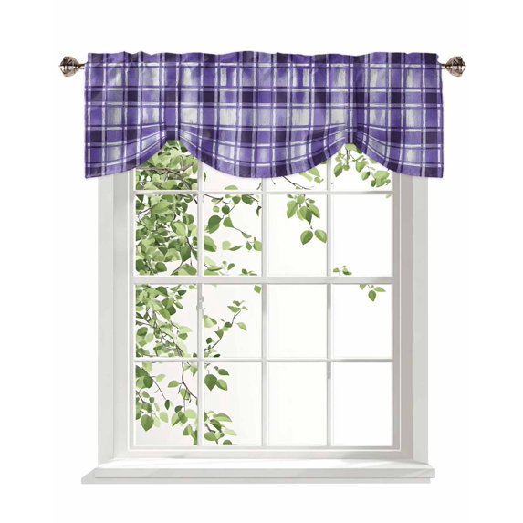 Vintage Purple Plaid Tie Up Valances Curtain, Adjustable Kitchen Watercolors Gradient Abstract Valances for Windows Decor, Rod Pocket Short Curtains Set for Bedroom/Bathroom, 60"x18"
