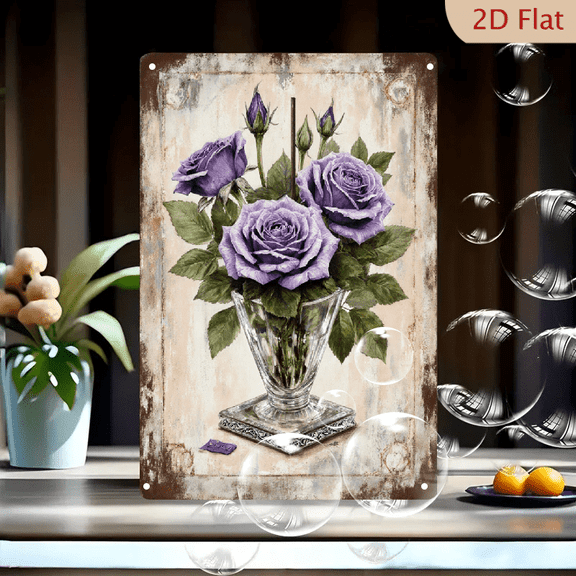 Vintage Purple Roses in Glass Vase with Ornate Base, Rustic Distressed Background Botanical Art Print, 8x12 Inches Metal Wall Decor for Home, Romantic Antique Style Floral Picture
