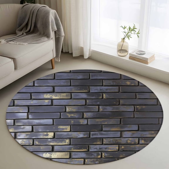 Vintage Purple Yellow Round Area Rug 3.3 FT, Non Slip Small Entryway Kitchen Mat, Farmhouse Brick Wall Washable Soft Circular Rug Non-Shedding Door Mat for Bathroom Playroom Kids Room