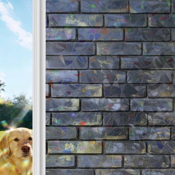 Vintage Purple Yellow Window Privacy Film Stain Glass, Reusable Decorative Rainbow Window Film, Farmhouse Brick Wall Non-Adhesive Static Cling Sun Blocking Stickers Decals Covers 17.7" x 39.3" (2pcs)