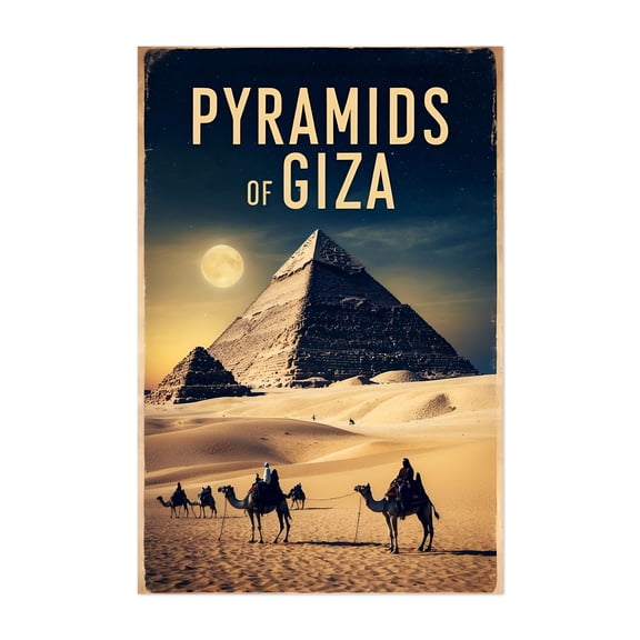 Vintage Pyramids of Giza Illustration | Timeless Egypt Art - Giza Governorate Egypt Illustration Pyramids Desert Travel Poster Vintage Landscape Unframed Wall Art Print 32 x 48 inches