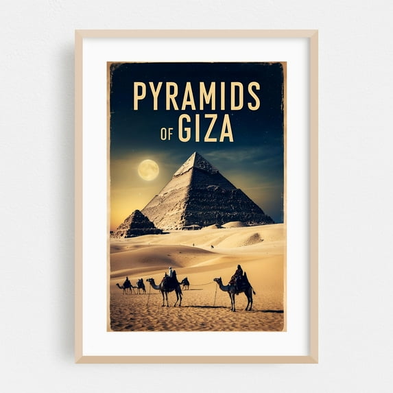 Vintage Pyramids of Giza Illustration | Timeless Egypt Art - Giza Governorate Egypt Illustration Oak Framed Wall Art Print 24 x 36 inches