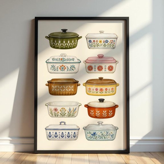 Vintage Pyrex Kitchen Wall Art Retro Floral Cookware Cottagecore Farmhouse Kitchen Decor, Unframed Paper Print