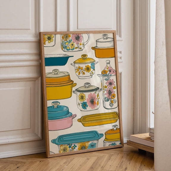 Vintage Pyrex Pattern Wall Art Retro Floral Kitchen Decor Mid Century Cookware Poster Colorful Cottagecore Kitchen Unframed Paper Print