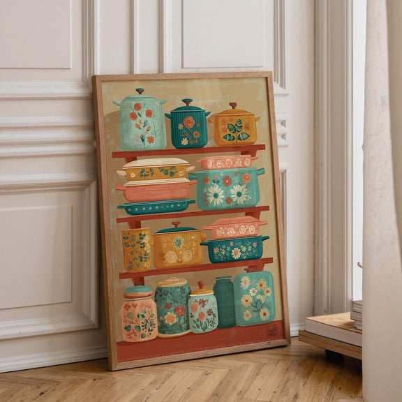 Vintage Pyrex Shelf Retro Floral Kitchen Decor Mid Century Cookware, Unframed Poster