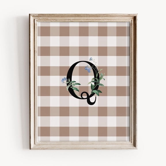 Vintage Q Initial Print, Rustic Monogram Art, Adorned With Forget,Me,Nots, Neutral Background, Home Decor #1740, Stretched Canvas Size 12x18
