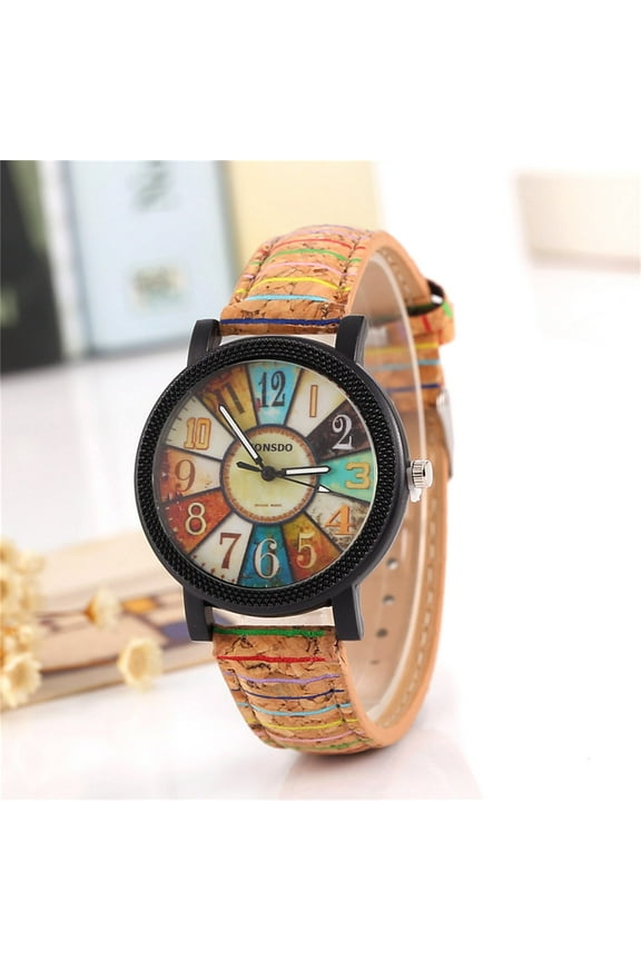 Vintage Quartz Watches For Women with Multicolour Rainbow Pattern Leather Watchband Casual Bracelet Watch Wonderful Gift