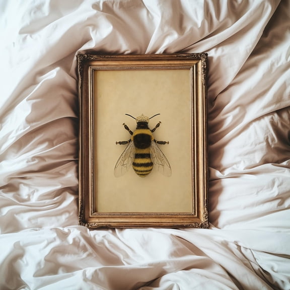 Vintage Queen Bee Wall Art Print Crowned Bee Cottagecore Painting Botanical Insect Artwork Victorian Farmhouse Wall Decor