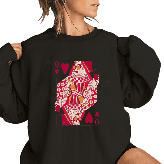 Vintage Queen of Hearts & Red Wine Graphic Sweatshirts for Women Retro Playing Cards Design Tops Classic Shirts Casual Long Sleeve Pullover for Holiday Outfits Black,XL