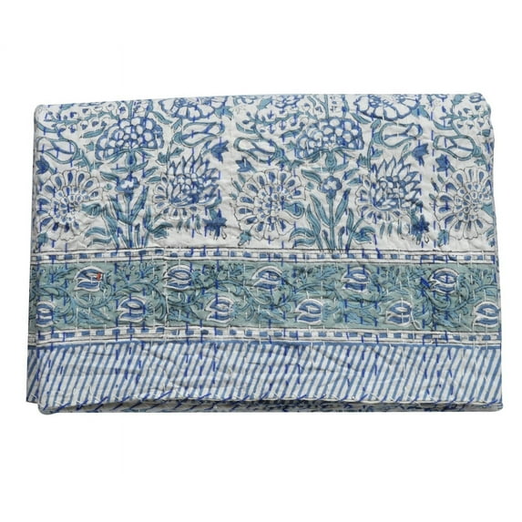 Vintage Queen Kantha Quilt Indian Block Print Quilt Cotton Kantha Throw Kantha Blanket Handmade Quilt King Size Kantha Bedspread White Quilt