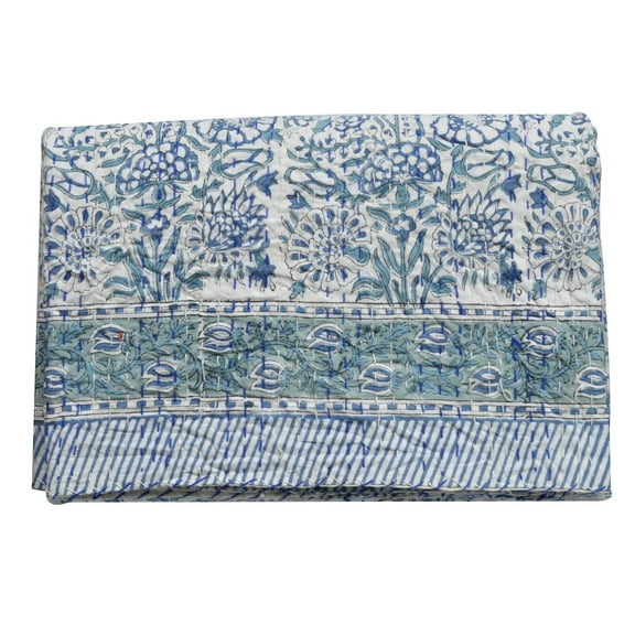 Vintage Queen Kantha Quilt Indian Block Print Quilt Cotton Kantha Throw Kantha Blanket Handmade Quilt King Size Kantha Bedspread White Quilt