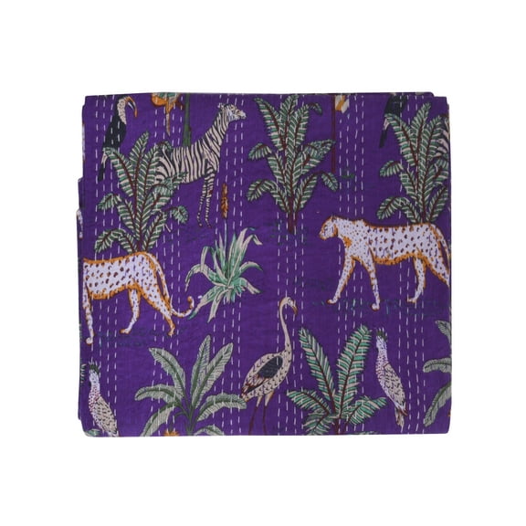 Vintage Queen Kantha Quilt Indian Hand Block Print Quilt Cotton Kantha Throw Kantha Blanket Handmade Quilt Double Size Kantha Bedspread Animal Print