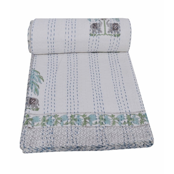 Vintage Queen Kantha Quilt Indian Hand Block Print Quilt Cotton Kantha Throw Kantha Blanket Handmade Quilt Double Size Kantha Bedspread Palm Tree Print