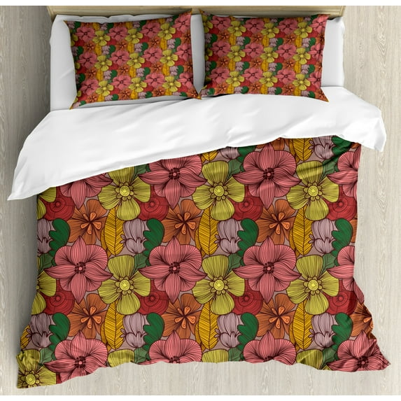 Vintage Queen Size Duvet Cover Set, Retro Colored Artwork Inspired by Floral Nature Romantic Blooms of Various Flowers, Decorative 3 Piece Bedding Set with 2 Pillow Shams, Multicolor, by Ambesonne