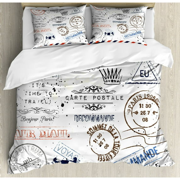 Vintage Queen Size Duvet Cover Set, Retro Post Stamps Postage Mail Paris Antique Artistic Design Vocation Traveling, Decorative 3 Piece Bedding Set with 2 Pillow Shams, Multicolor, by Ambesonne