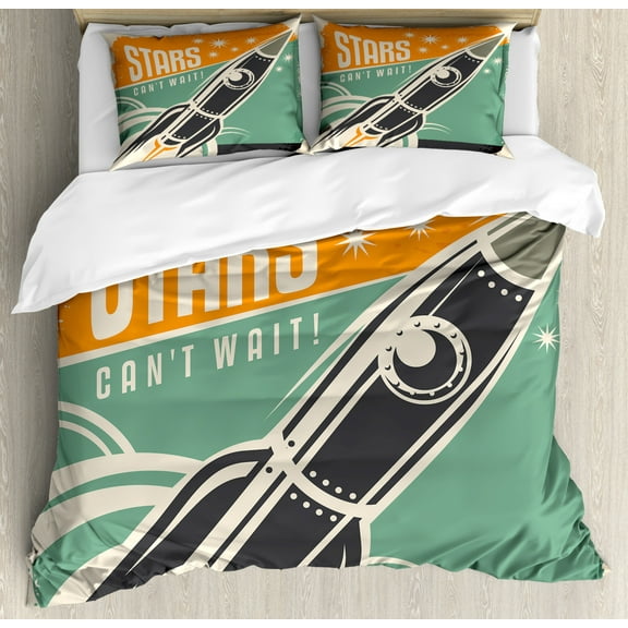 Vintage Queen Size Duvet Cover Set, Stars Can't Wait Retro Advertisement with Rocket Figure Launch Your Business Image, Decorative 3 Piece Bedding Set with 2 Pillow Shams, Multicolor, by Ambesonne