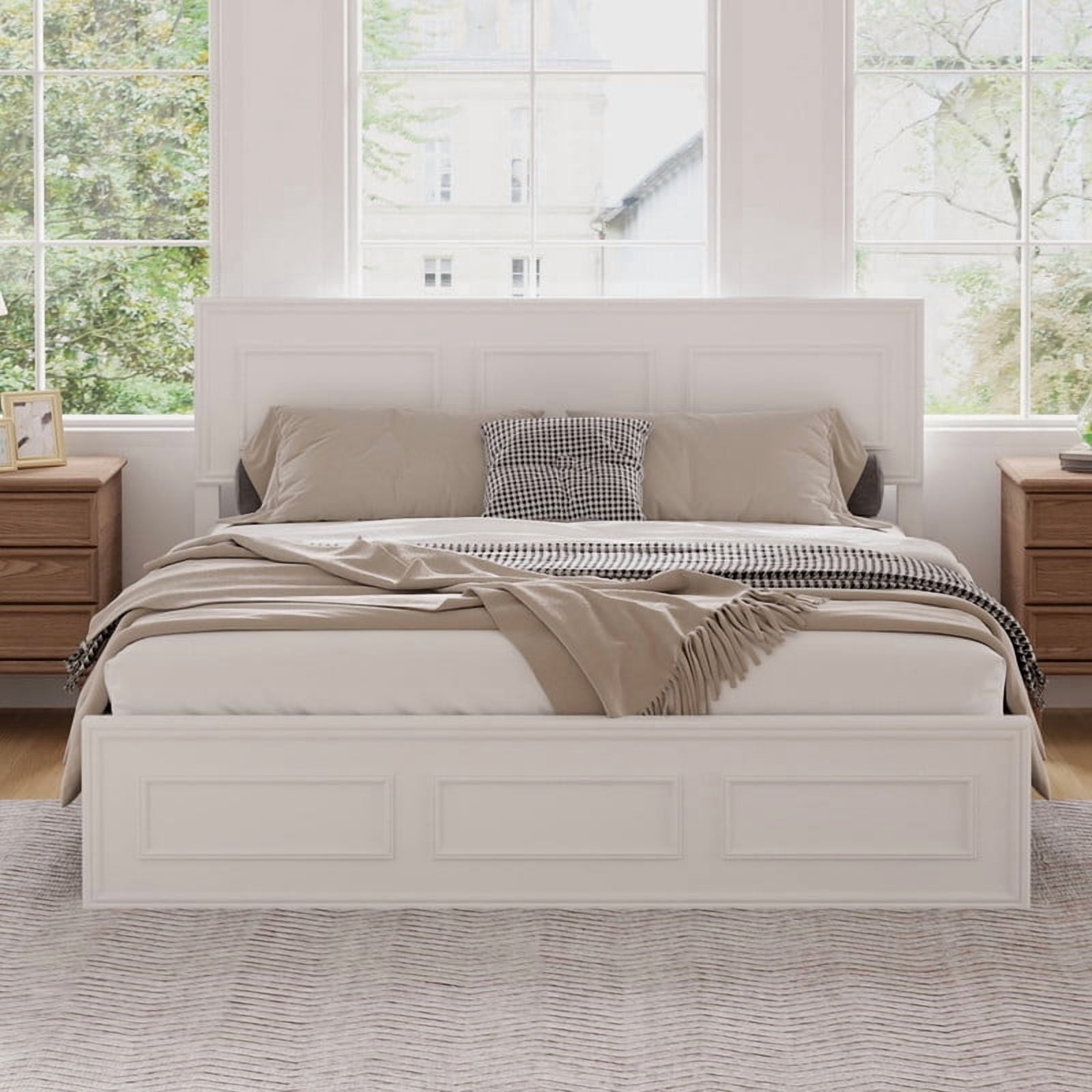 Vintage Queen Size Platform Bed with Adjustable Height Headboard, Wooden Low-Profile Bed Frame with Under-Bed Storage