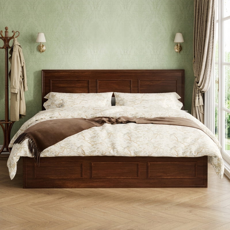 Vintage Queen Size Platform Bed with Adjustable Height Headboard, Wooden Low-Profile Bed Frame with Under-Bed Storage