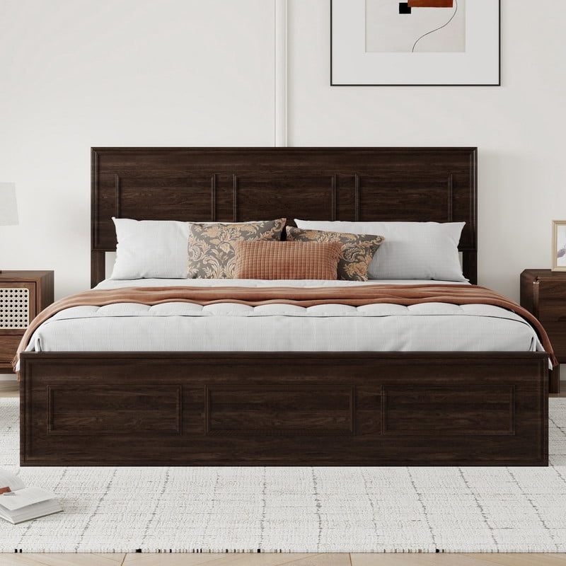 Vintage Queen Size Platform Bed with Adjustable Height Headboard, Wooden Low-Profile Bed Frame with Under-Bed Storage